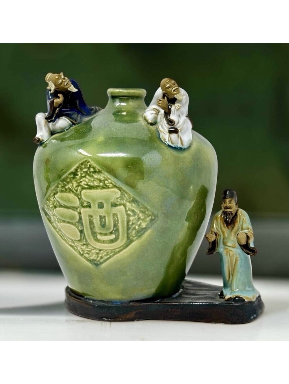 Vintage Chinese Shiwan pottery Mudmen Glazed Celadon Green Wine Jug Vase- Signed